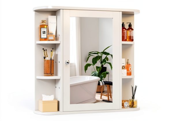 Bathroom Medicine Cabinet SUNLEI Mirror with 6 Shelves White 26x24in-0
