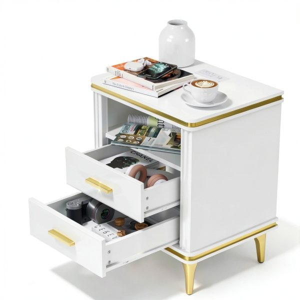 Night Stand with Charger Station SGLOREX White Gold Bedside Table-3