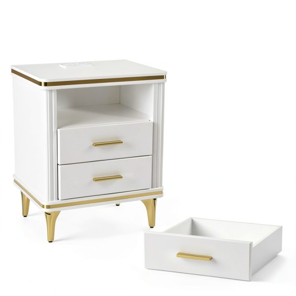 Night Stand with Charger Station SGLOREX White Gold Bedside Table-1