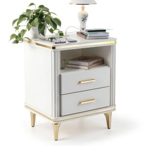 Night Stand with Charger Station SGLOREX White Gold Bedside Table-0
