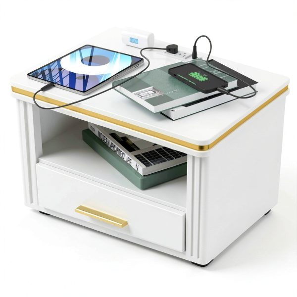 Night Stand with Charger Station SGLOREX White Gold Bedside Table-4