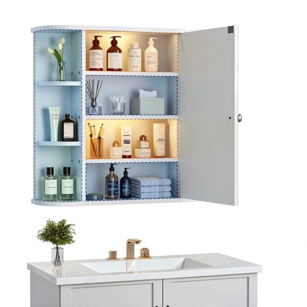 Bathroom Medicine Cabinet SUNLEI Mirror with 6 Shelves White 26x24in-3