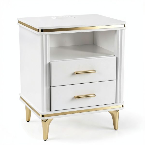 Night Stand with Charger Station SGLOREX White Gold Bedside Table-2
