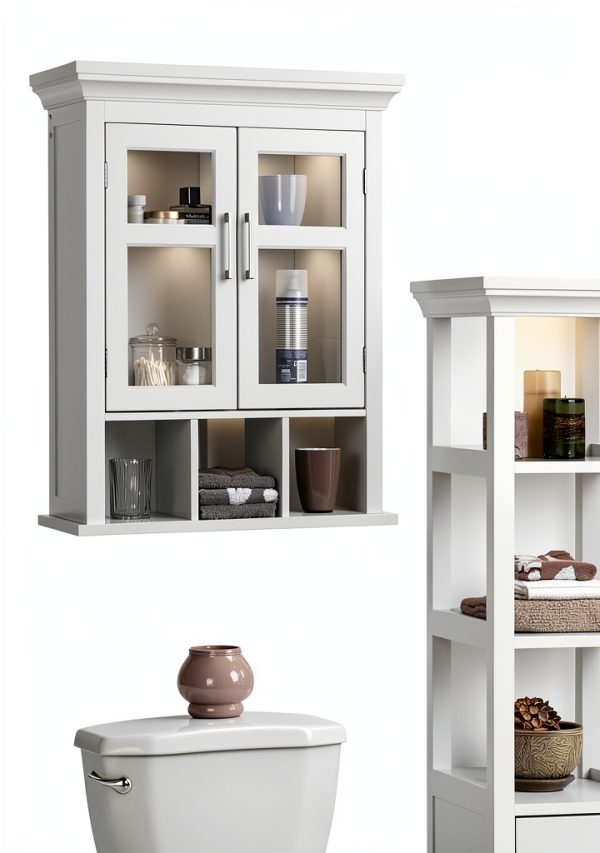 Bath Cabinet SimpliHome Avington 24" White with Shelf and Cubbies-1